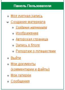 Панель Пользователя